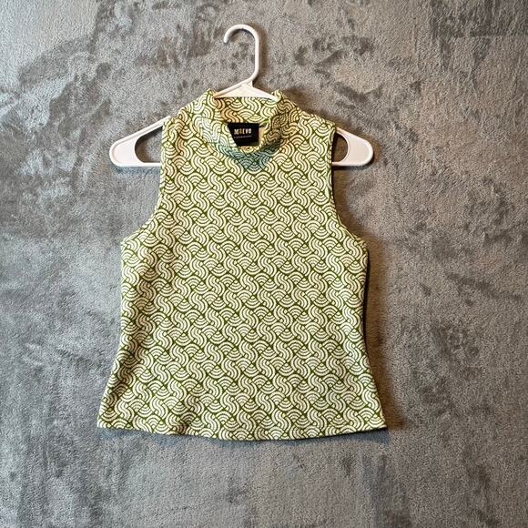 Anthropologie Maeve Structure Mock Neck Mod Top Green Geometric Print Size Small - Picture 1 of 6